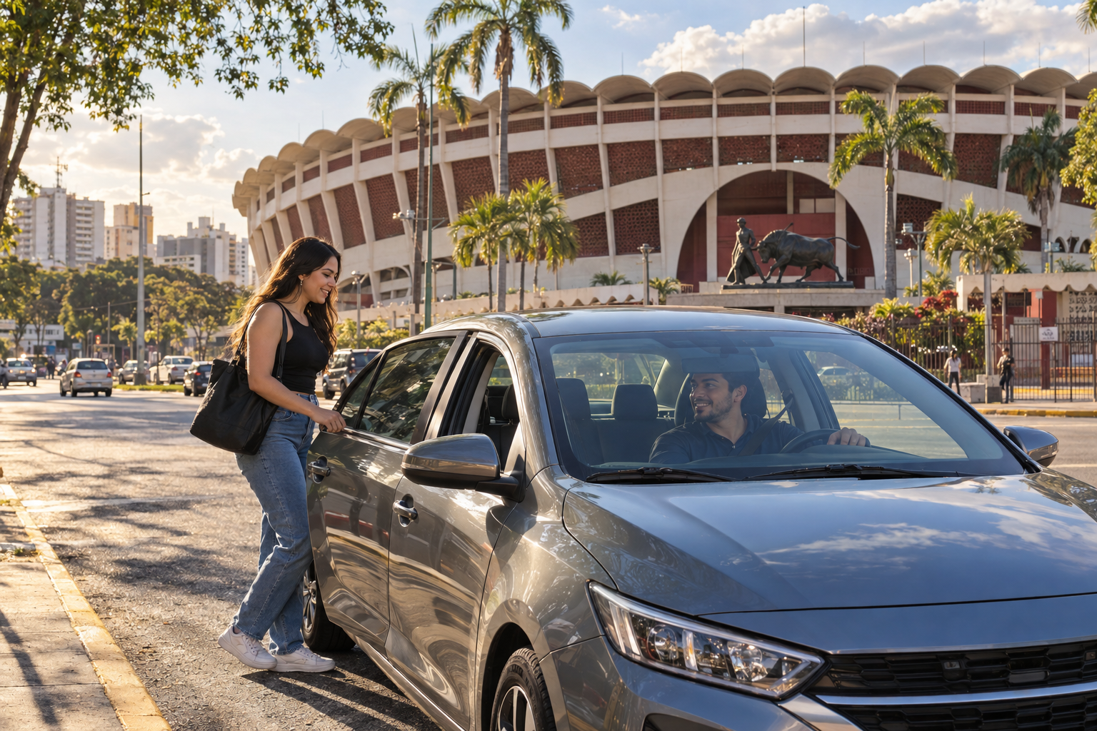 Pasajera abordando un vehículo frente a la Plaza de Toros de Maracay, estado Aragua