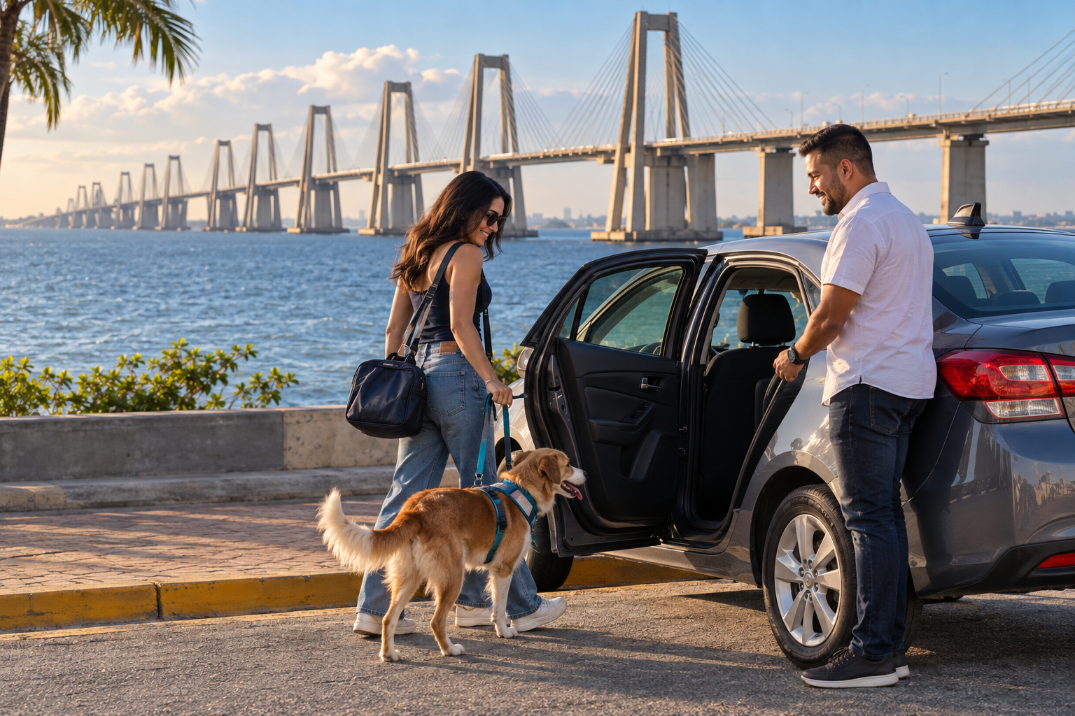 Pasajera con su mascota frente al Puente General Rafael Urdaneta en Maracaibo, estado Zulia
