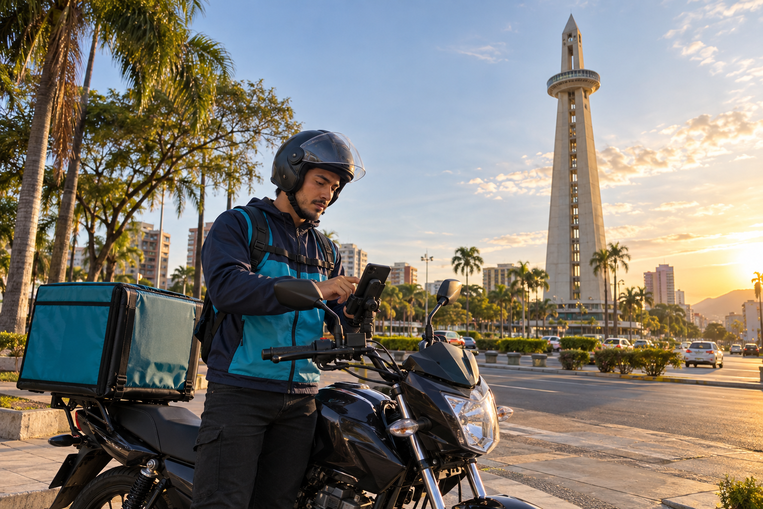 Repartidor en motocicleta frente al Obelisco de Barquisimeto, estado Lara